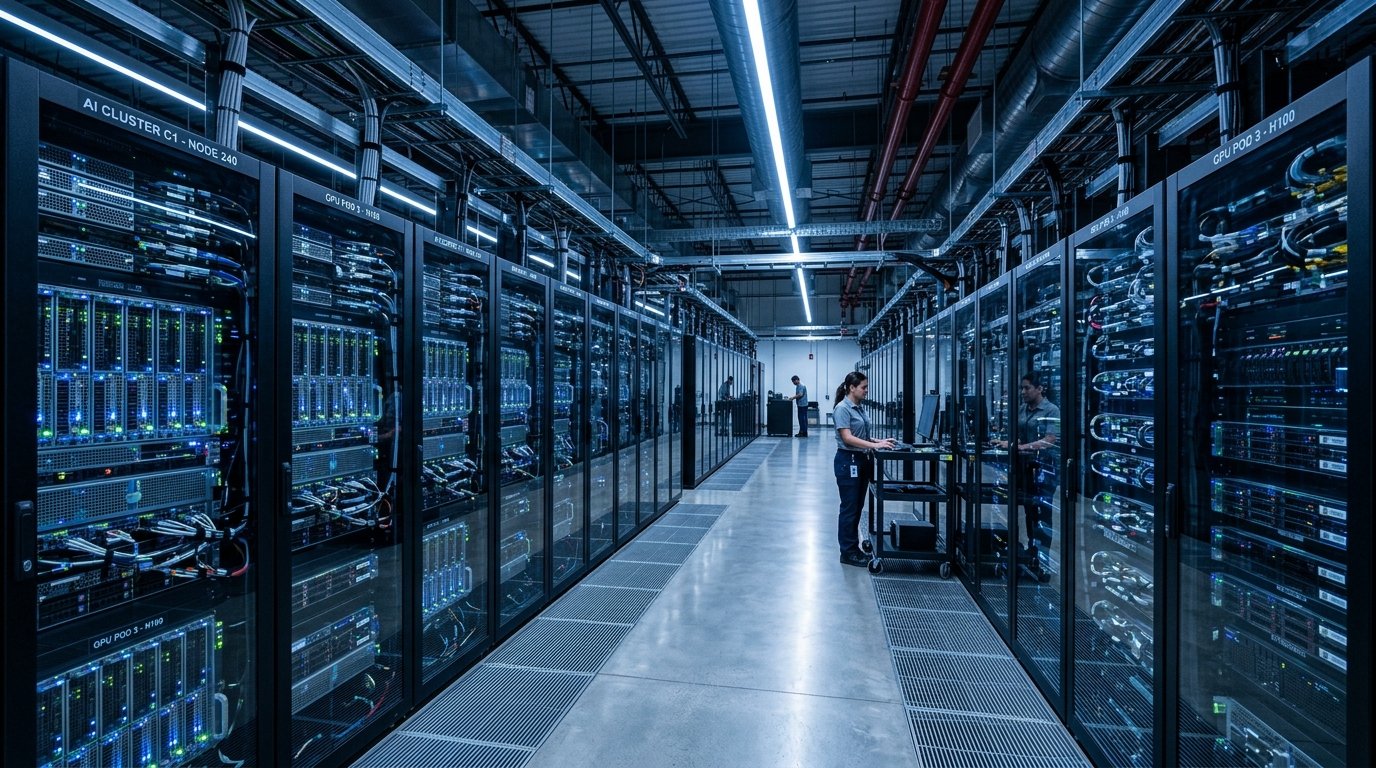 Advanced AI computing and data center architecture representing XVII GROUP's artificial intelligence focus.